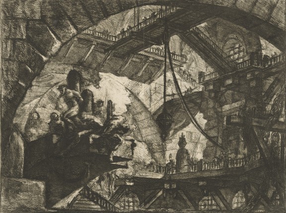Giovanni Battista Piranesi, «En gruppe fanger under en stor bue, Imaginære fengsler X», trykk mellom 1761 og 1775