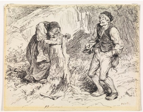 Erik Werenskiold, «Stå ikke der og glis», sa kjerringa, «men kom og hjelp en gammal krok», 1878