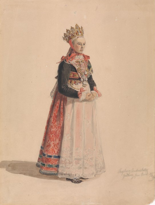 Adolph Tidemand , «Ingeborg Andresdatter Gulsvik som brud», 1849. Brud i bunad